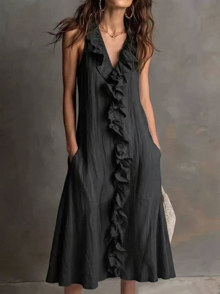 Women's Sleeveless Ruffle Maxi Flowy Dress with Pockets