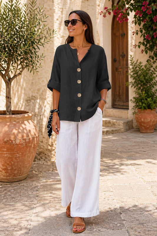 V-Neck Button Front Blouse – Relaxed Fit 3/4 Sleeve Casual Top