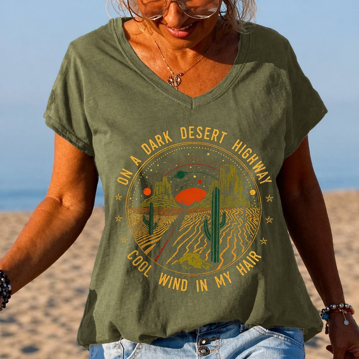 Women's Vintage Desert Graphic V-Neck Relaxed T-Shirt
