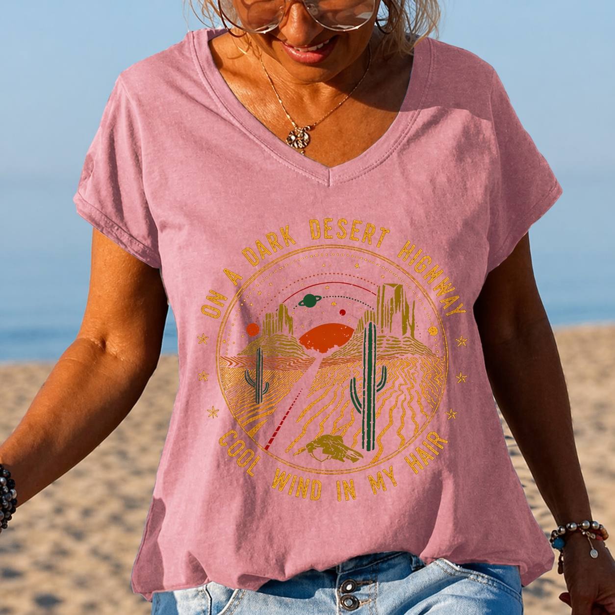 Women's Vintage Desert Graphic V-Neck Relaxed T-Shirt
