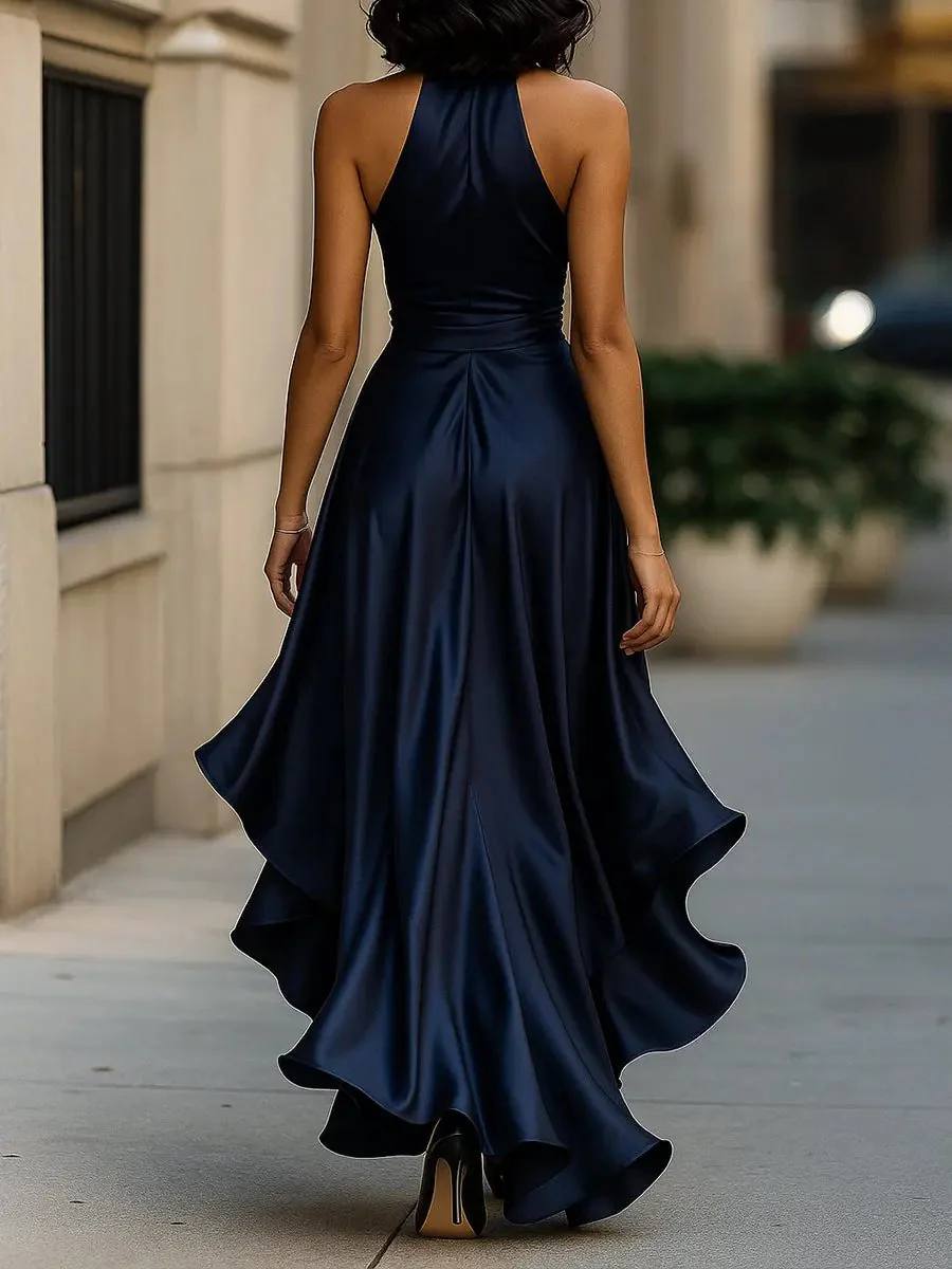 Women's Satin Halter Sleeveless Wrap Maxi Dress