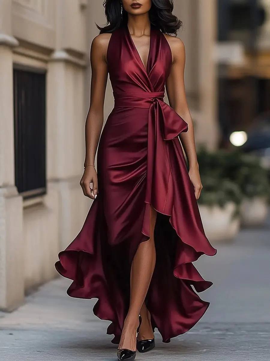 Women's Satin Halter Sleeveless Wrap Maxi Dress