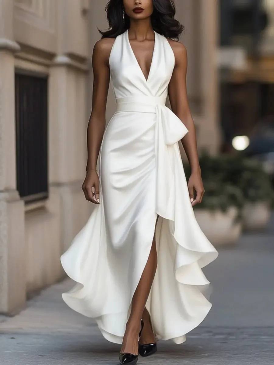 Women's Satin Halter Sleeveless Wrap Maxi Dress
