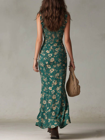 Women's Floral Ruffle Strap High Slit Maxi Dress