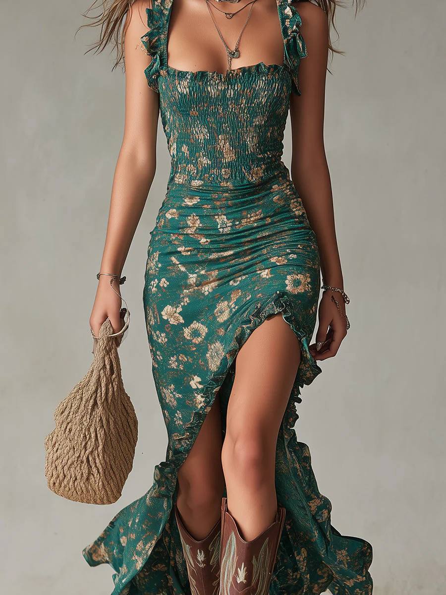 Women's Floral Ruffle Strap High Slit Maxi Dress