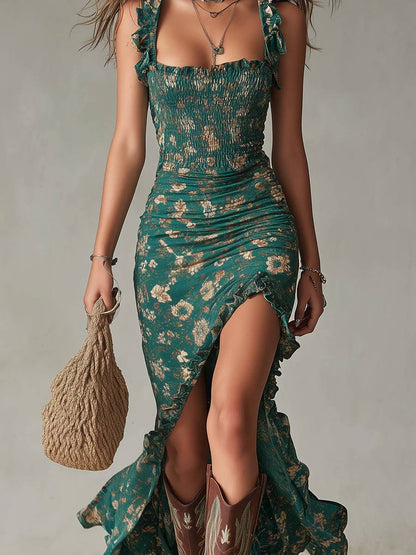 Women's Floral Ruffle Strap High Slit Maxi Dress