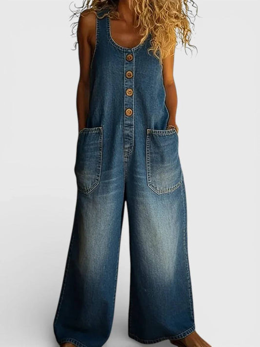 Women's Button Front Wide Leg Denim Jumpsuit