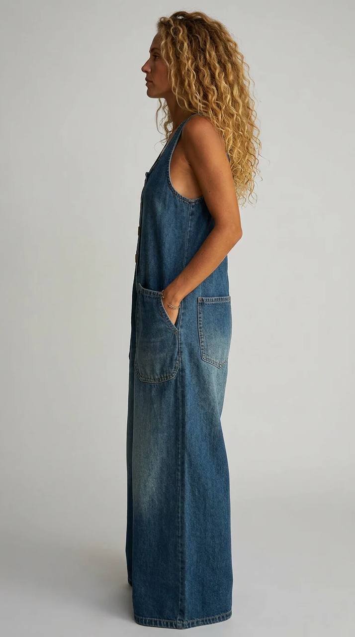 Women's Button Front Wide Leg Denim Jumpsuit