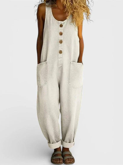 Women's Button Front Wide Leg Denim Jumpsuit