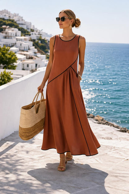Women's Maxi Contrast Trim Sleeveless A-Line Dress
