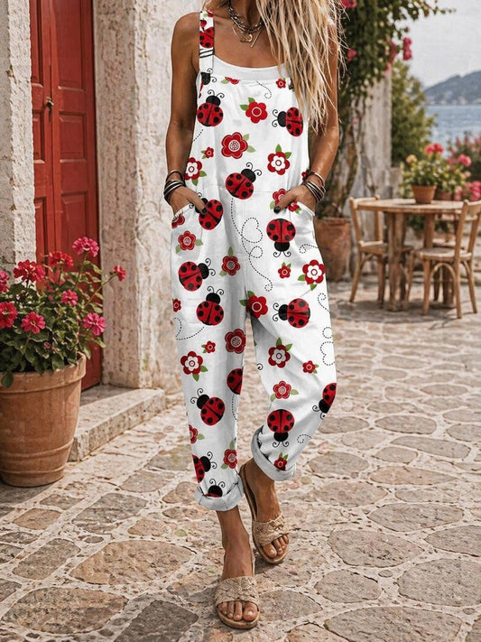 Women's Ladybug Print Pocket Dungaree Jumpsuit