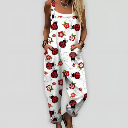 Women's Ladybug Print Pocket Dungaree Jumpsuit