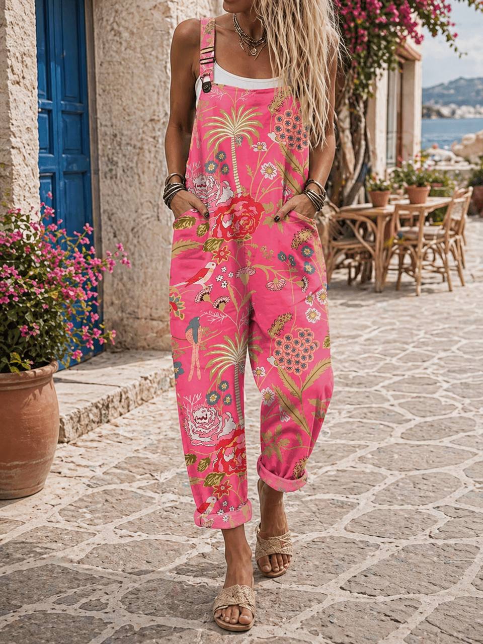 Women's Tropical Print Pocket Dungaree Jumpsuit
