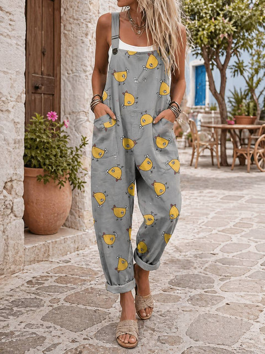 Women's Lemon Print Pocket Dungaree Jumpsuit