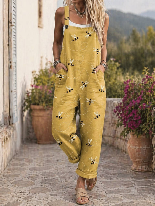 Women's Bee Print Pocket Dungaree Jumpsuit
