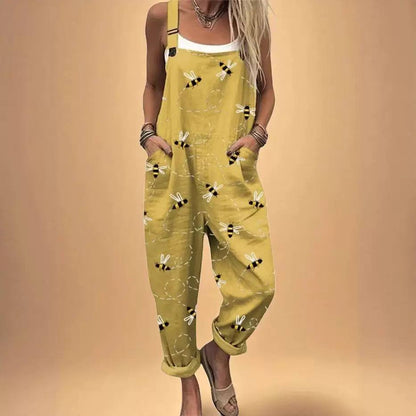 Women's Bee Print Pocket Dungaree Jumpsuit