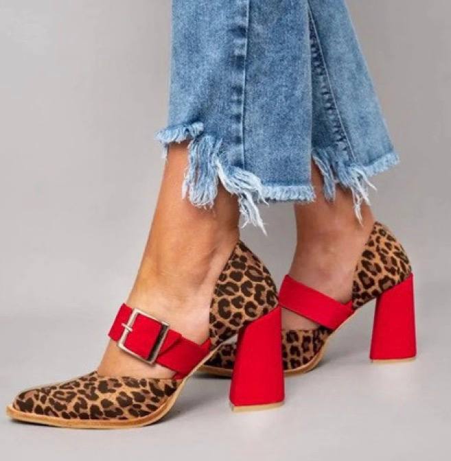Women's Leopard Print Buckle Block Heels