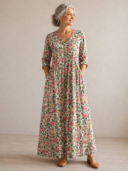 Women's Vintage Floral Long Sleeve Maxi Dress