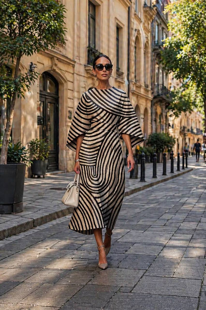 Women's Abstract Stripe Midi Dress - Slim Fit Dress with Draped Design & Elegant Casual Style