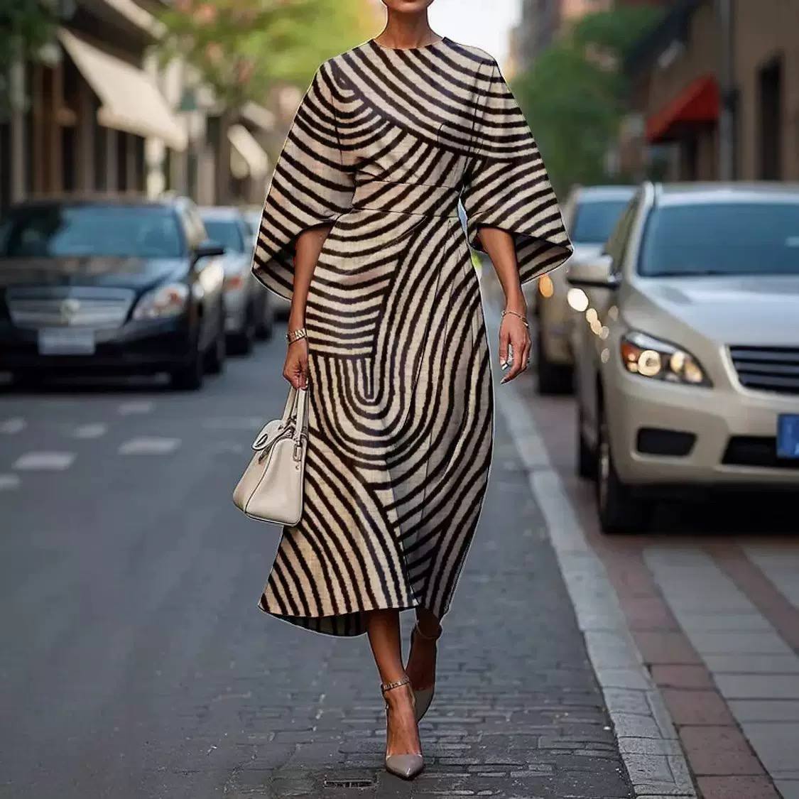 Women's Abstract Stripe Midi Dress - Slim Fit Dress with Draped Design & Elegant Casual Style