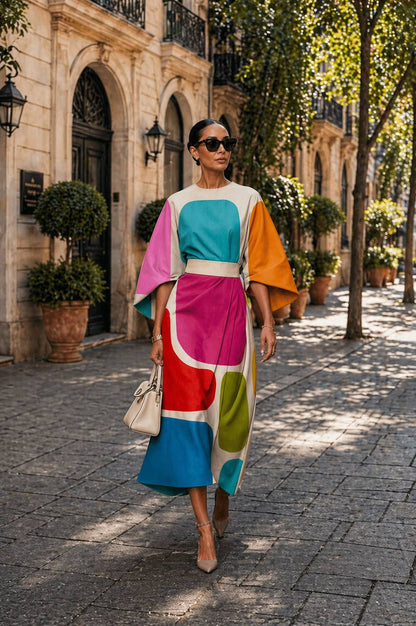 Abstract Print Midi Dress - Relaxed Fit & Statement Design