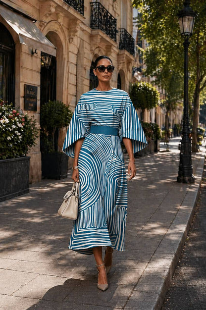 Women's Belted Midi Dress -  Round NeckBelted Dress