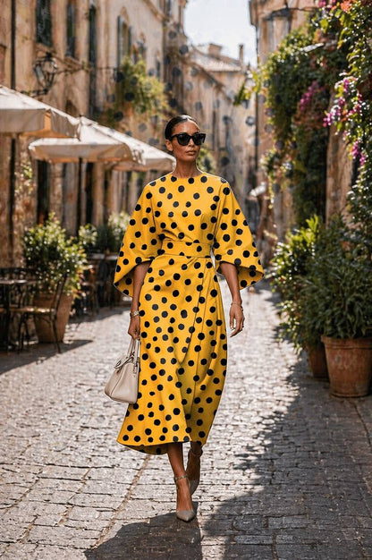 Polka Dot Belted Midi Dress – Elegant Loose Fit Casual Dress