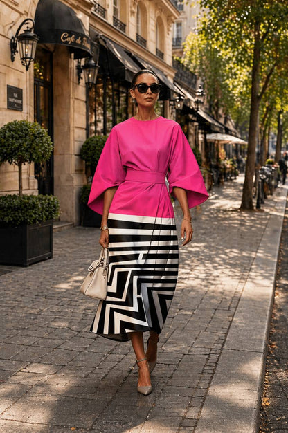 Pink Geometric Contrast Belted Midi Dress – Elegant Statement Dress