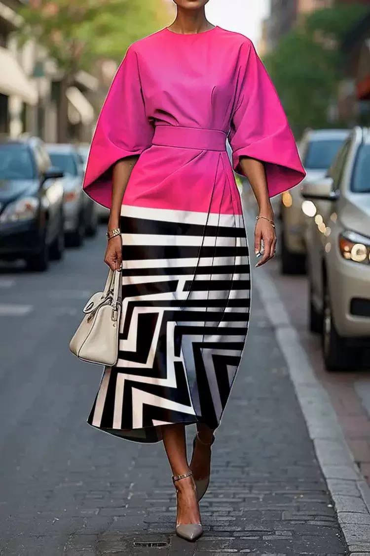 Pink Geometric Contrast Belted Midi Dress – Elegant Statement Dress