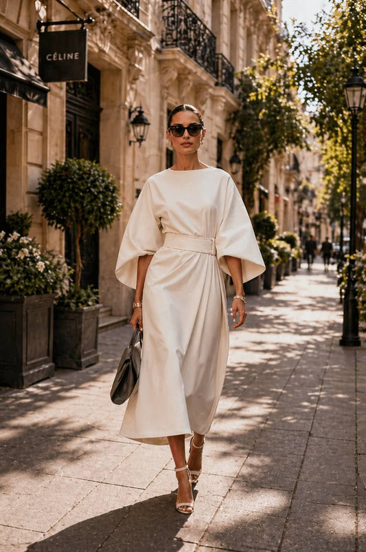 Statement Sleeve Belted Midi Dress