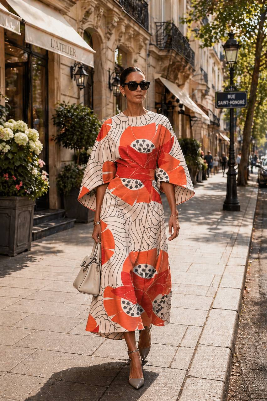 Abstract Floral Print Midi Dress – Elegant Statement Sleeve Dress