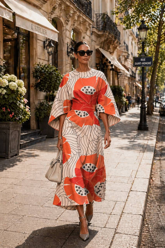 Abstract Floral Print Midi Dress – Elegant Statement Sleeve Dress