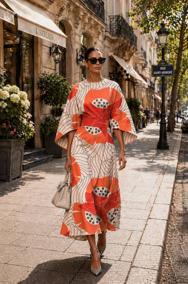 Abstract Floral Print Midi Dress – Elegant Statement Sleeve Dress