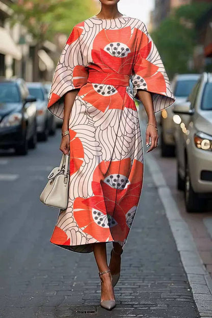 Abstract Floral Print Midi Dress – Elegant Statement Sleeve Dress