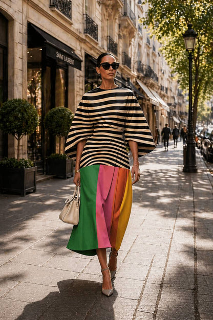 Contemporary Color Block Midi Dress - Elegant Statement Sleeve Dress