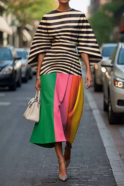 Contemporary Color Block Midi Dress - Elegant Statement Sleeve Dress