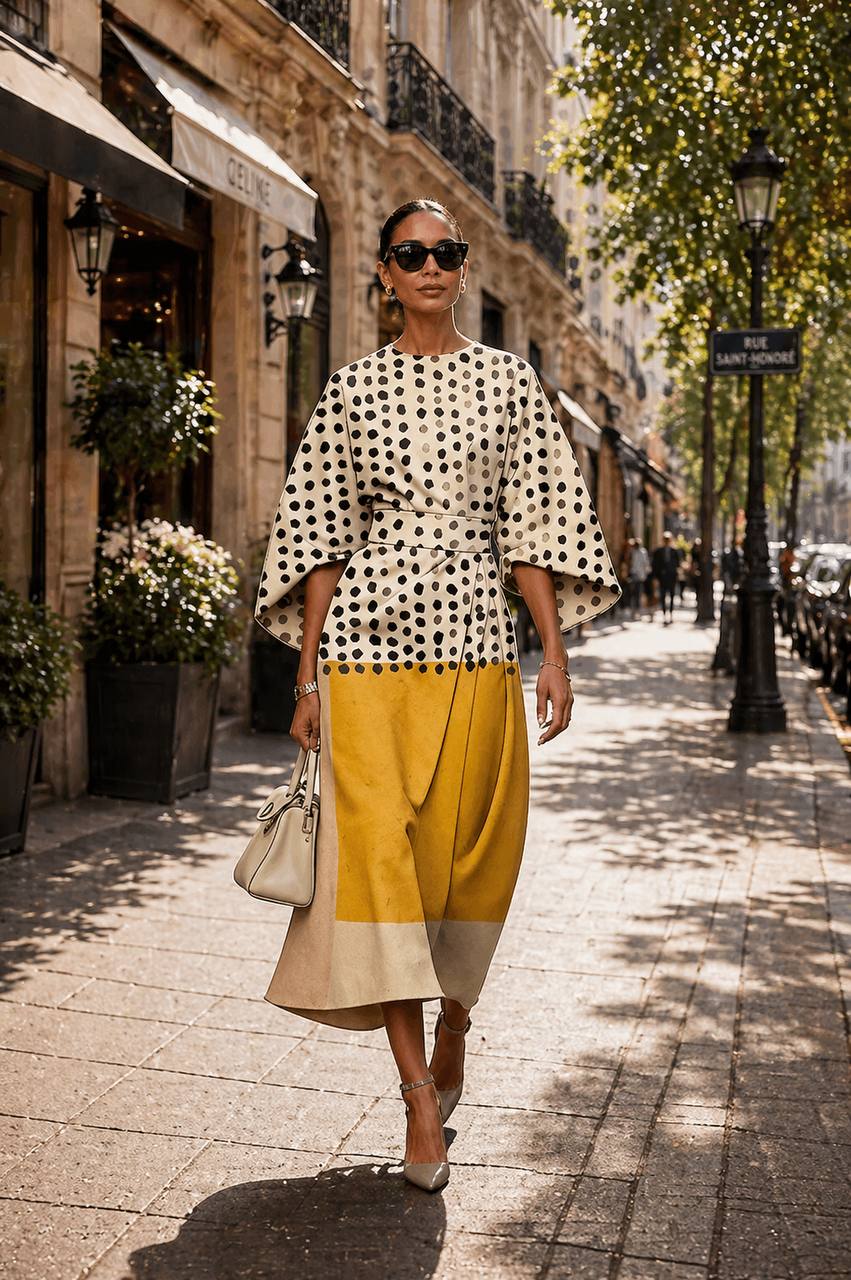Polka Dot Colour-Block Midi Dress – Elegant Statement Sleeve Dress