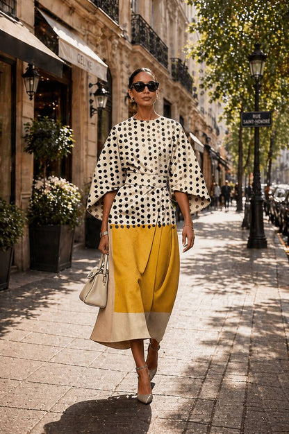 Polka Dot Colour-Block Midi Dress – Elegant Statement Sleeve Dress