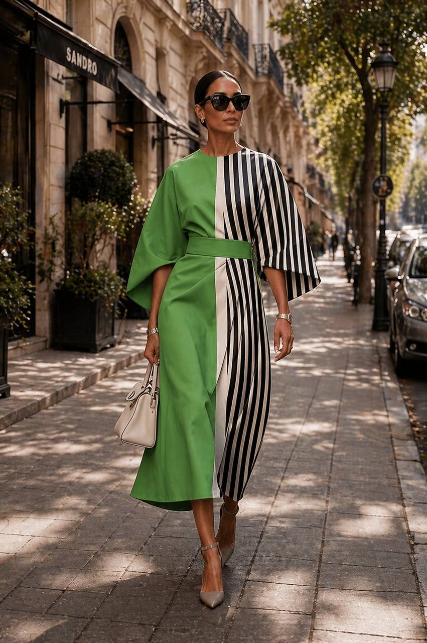 Colour-Block Belted Midi Dress – Elegant Statement Sleeve Dress