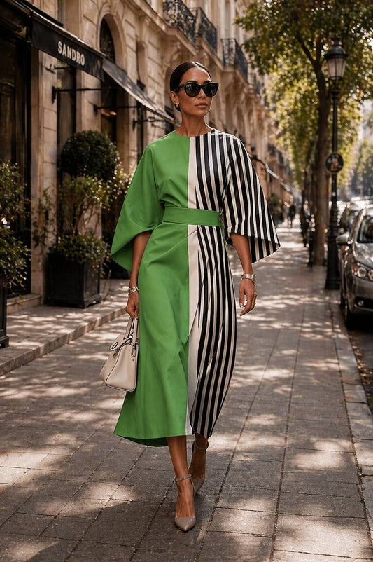 Colour-Block Belted Midi Dress – Elegant Statement Sleeve Dress