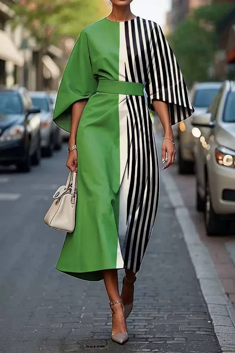 Colour-Block Belted Midi Dress – Elegant Statement Sleeve Dress