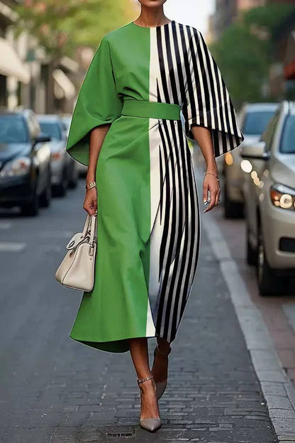 Colour-Block Belted Midi Dress – Elegant Statement Sleeve Dress