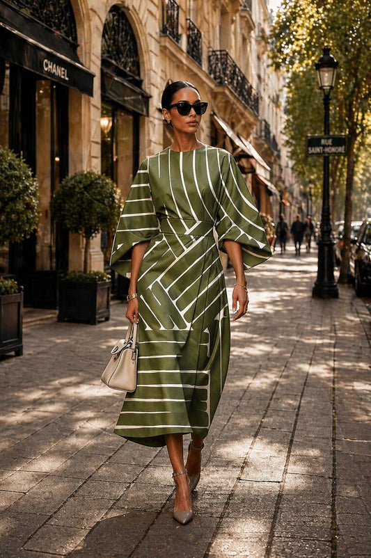 Olive Green Striped Relaxed-Fit Midi Dress – Elegant Statement Sleeve Dress