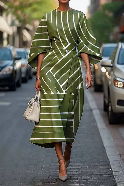 Olive Green Striped Relaxed-Fit Midi Dress – Elegant Statement Sleeve Dress