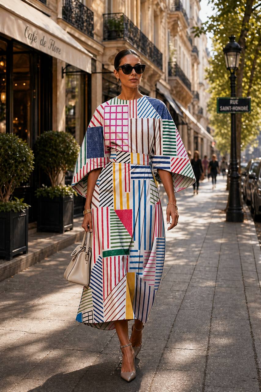Colourful Geometric Striped Midi Dress – Elegant Statement Sleeve Dress