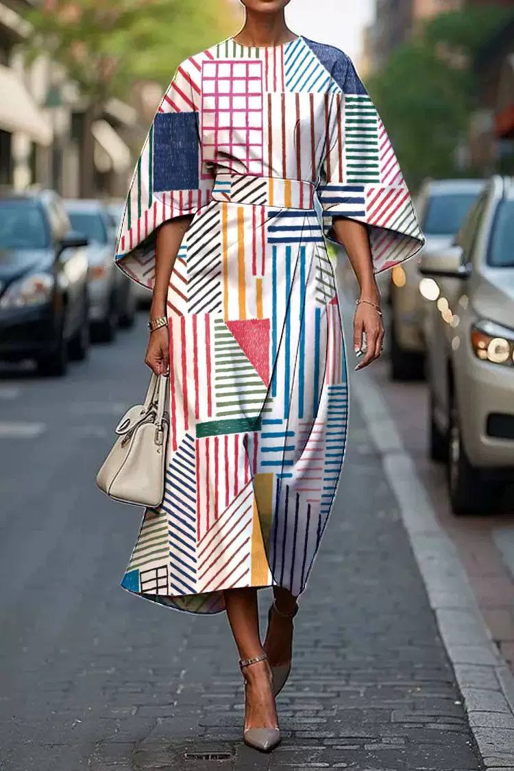 Colourful Geometric Striped Midi Dress – Elegant Statement Sleeve Dress