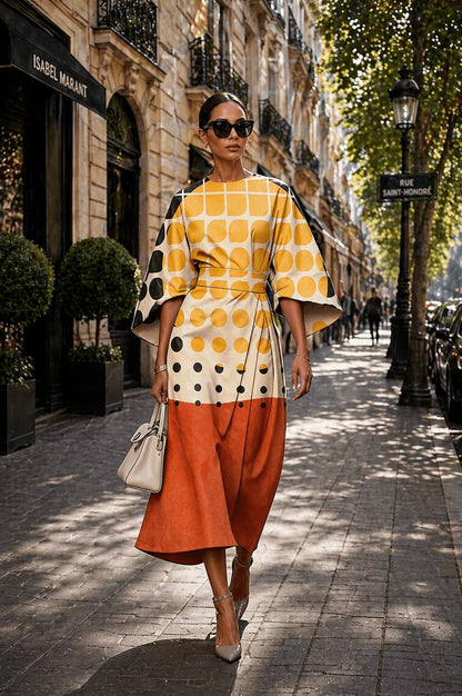 Polka Dot Colour Block Midi Dress – Elegant Statement Sleeve Dress