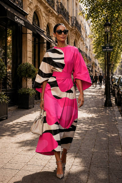 Abstract Colour Block Midi Dress – Statement Sleeve Belted Dress