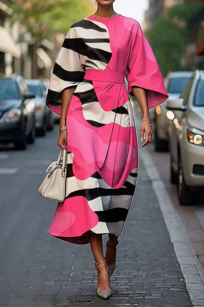 Abstract Colour Block Midi Dress – Statement Sleeve Belted Dress