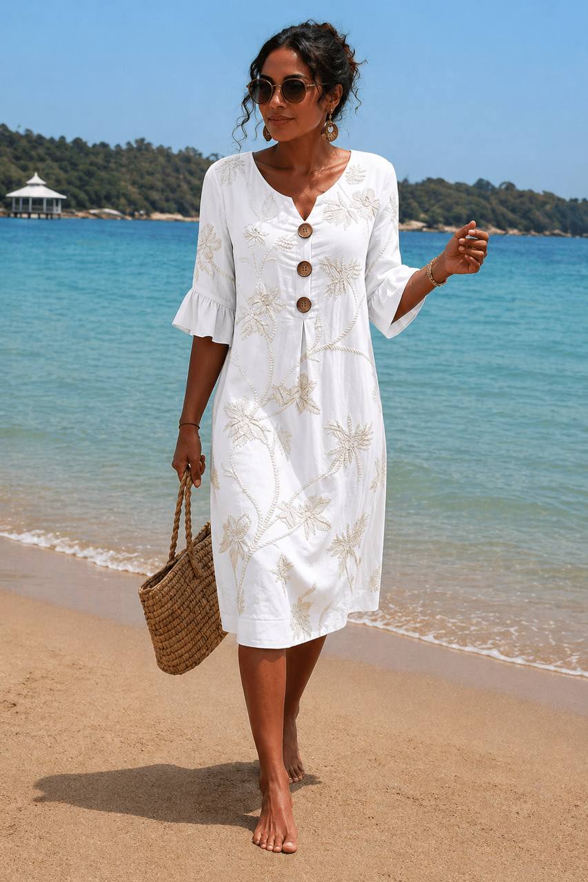 Women's Boho Embroidered Beach Midi Dress